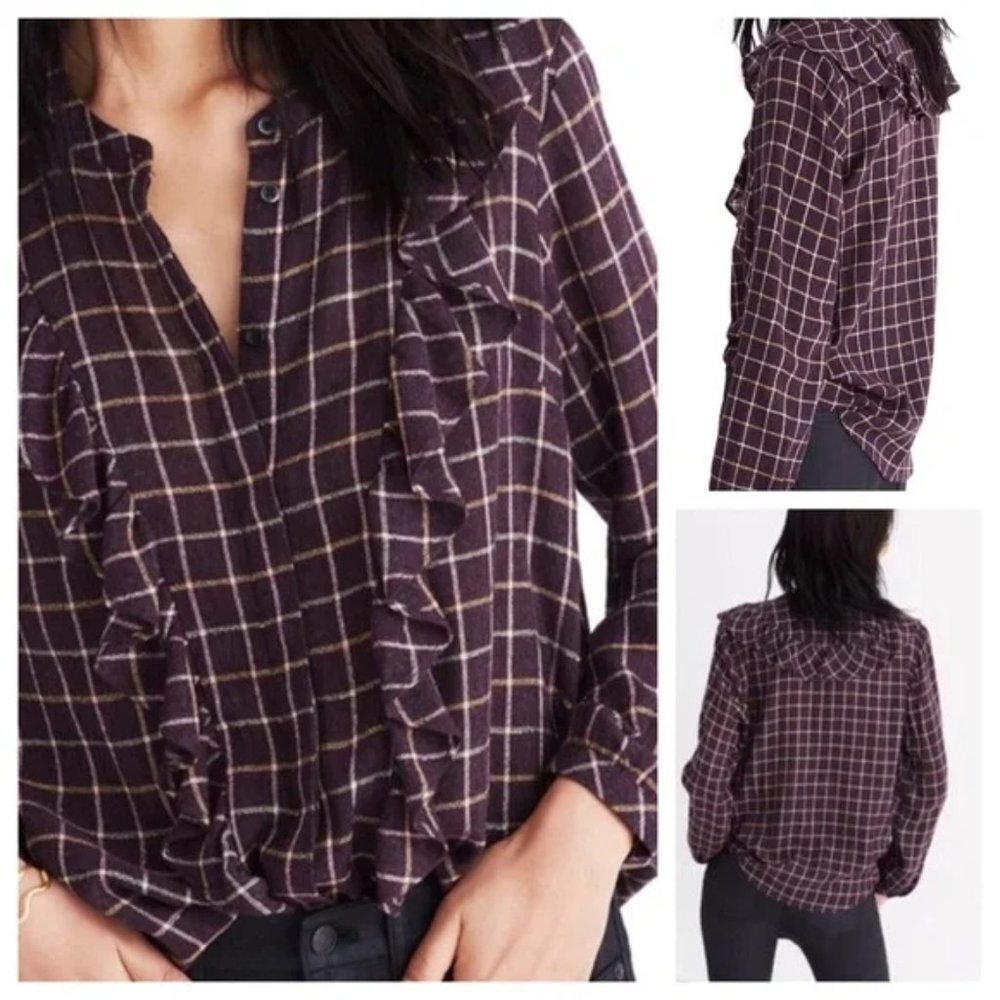 Madewell Purple Windowpane Plaid Ruffle Long Sleeve Top Medium